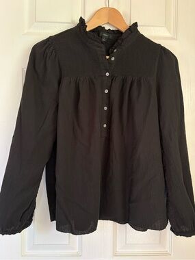 J. Crew Black smocked Ruffle-Yoke Long Sleeve Blouse women’s Large